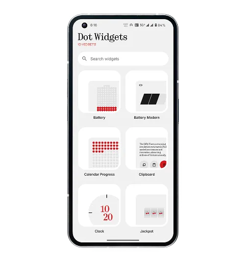 Creepsmile Dot Widgets app mockup showing Nothing OS inspired widget design